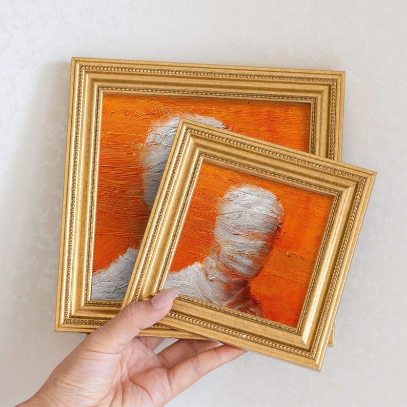 Mini Mummy Oil Painting in Gold Frame: Spooky Halloween Decor