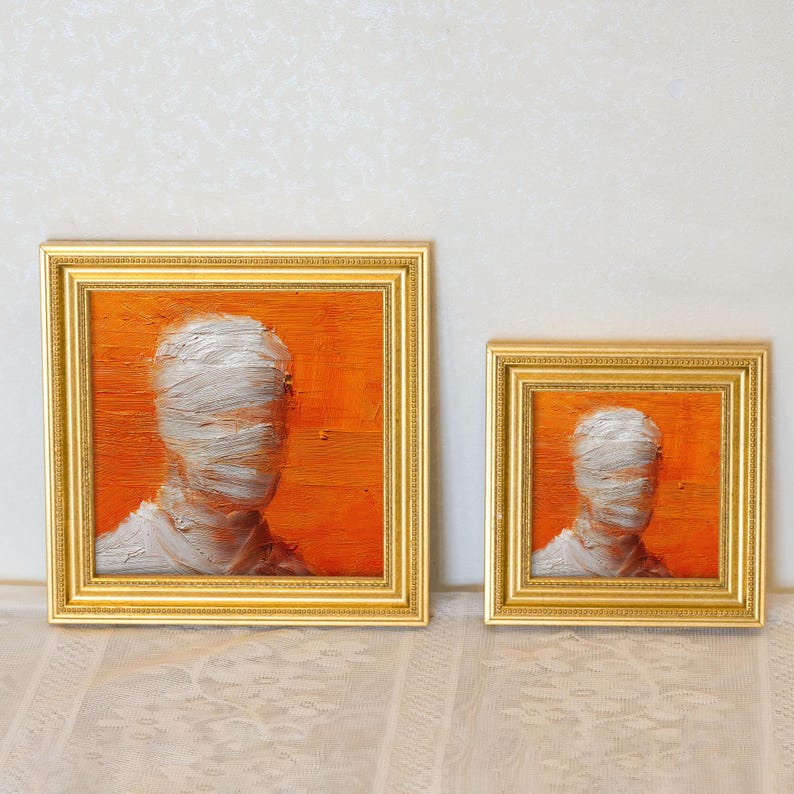 Mini Mummy Oil Painting in Gold Frame: Spooky Halloween Decor
