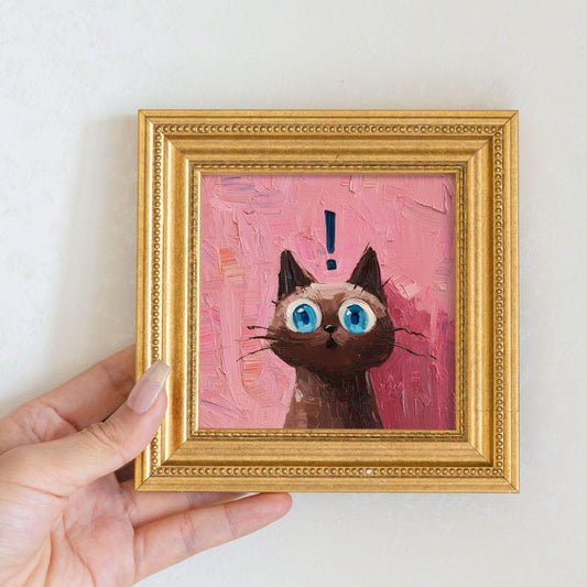 Mini Siamese Cat Oil Painting: Framed Canvas Art, Gift for Cat Lovers