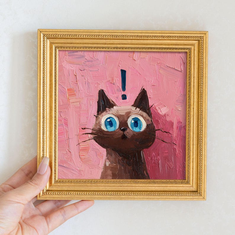 Mini Siamese Cat Oil Painting: Framed Canvas Art, Gift for Cat Lovers