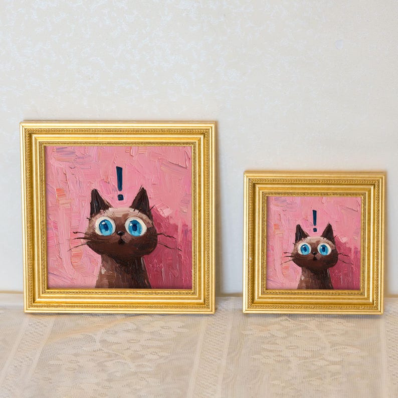 Mini Siamese Cat Oil Painting: Framed Canvas Art, Gift for Cat Lovers