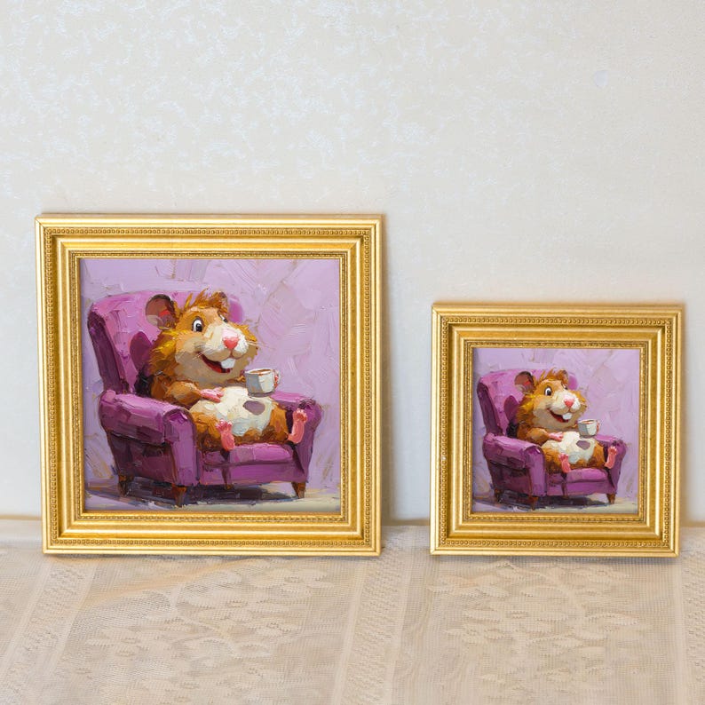 Mini Hamster Oil Painting: Golden Framed Animal Art