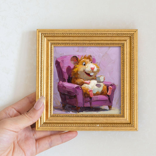 Mini Hamster Oil Painting: Golden Framed Animal Art