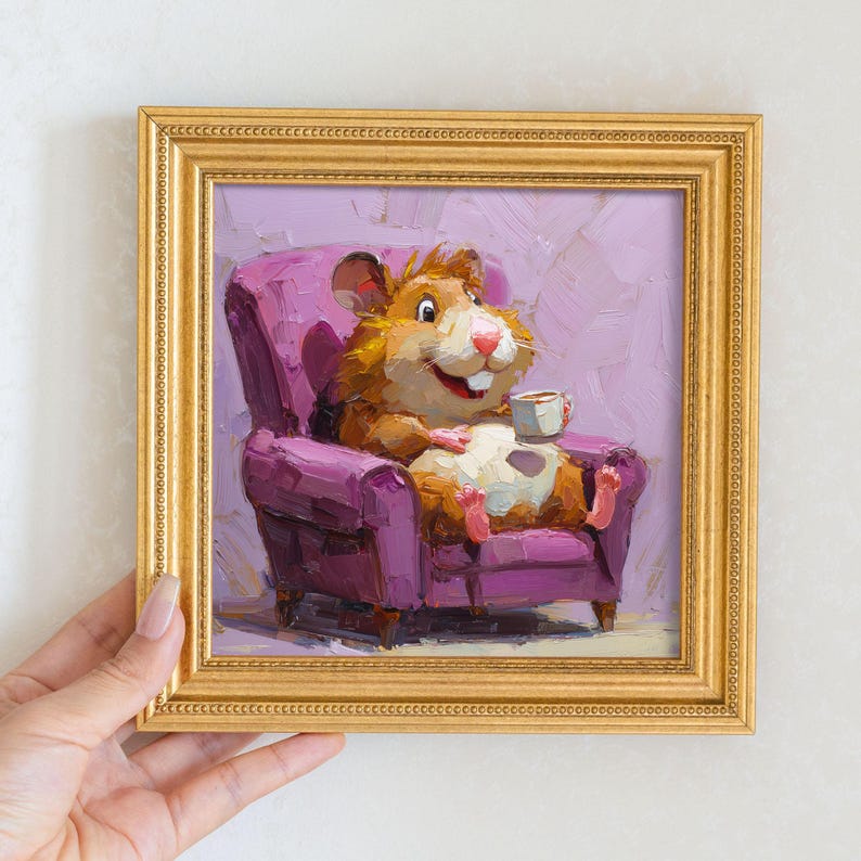Mini Hamster Oil Painting: Golden Framed Animal Art
