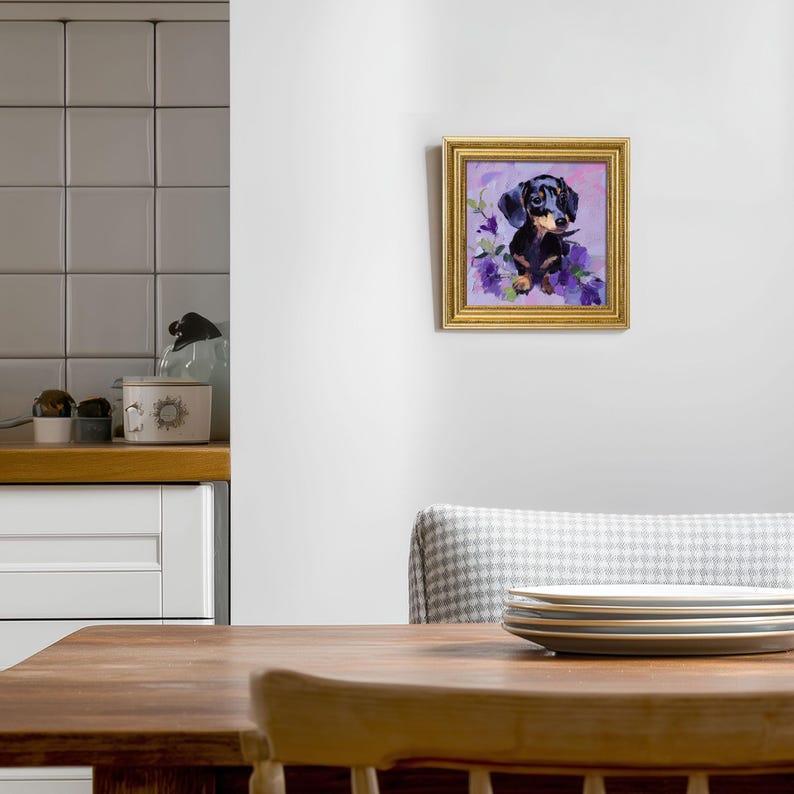 Mini Dachshund Dog with Flowers Oil Painting in Gold Frame, Cute Small Puppy Portrait, Hand-Painted Animal Wall Art Gift For Dog Lovers