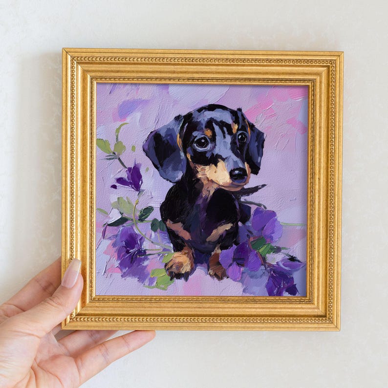 Mini Dachshund Dog with Flowers Oil Painting in Gold Frame, Cute Small Puppy Portrait, Hand-Painted Animal Wall Art Gift For Dog Lovers