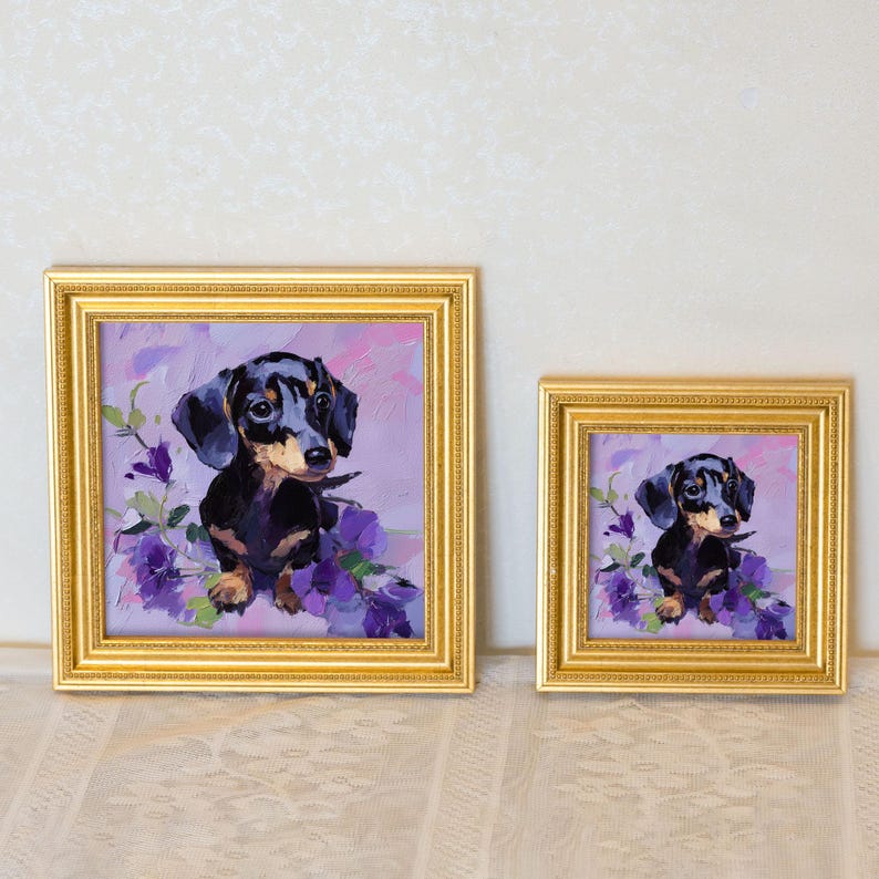 Mini Dachshund Dog with Flowers Oil Painting in Gold Frame, Cute Small Puppy Portrait, Hand-Painted Animal Wall Art Gift For Dog Lovers