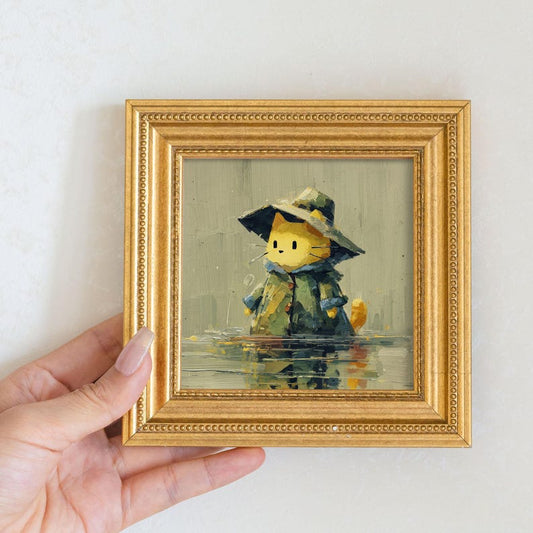 Mini Oil Painting: Cat in Raincoat, Golden Frame, Hand-Painted Cat Portrait