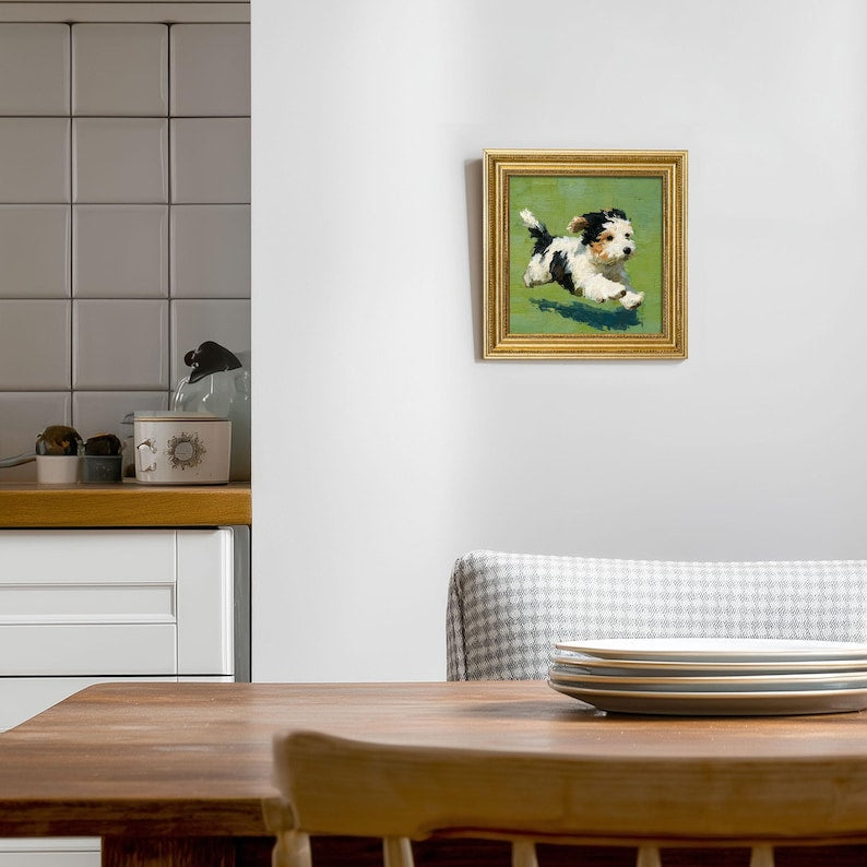 Mini Oil Painting: Running Dog, Beaded Golden Frame, Pet Wall Art