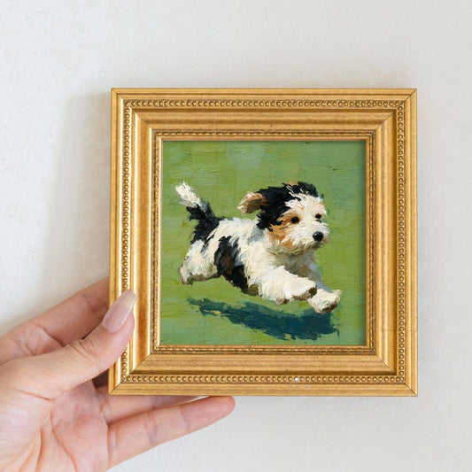Mini Oil Painting: Running Dog, Beaded Golden Frame, Pet Wall Art