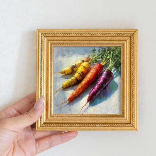 Mini Colorful Carrots Oil Painting in Golden Beaded Frame, Rustic Kitchen Wall Decor, Still Life Art Gift for Wall Art Decor Lover or Foodie