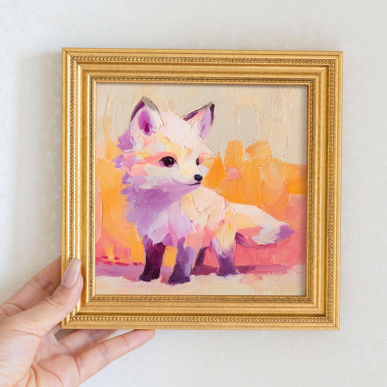 Miniature Purple Fox Oil Painting: Golden Beaded Frame, Hand-Painted Animal Art