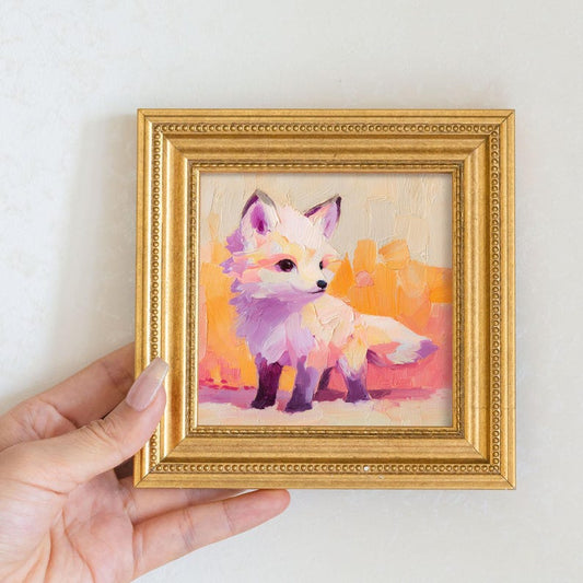 Miniature Purple Fox Oil Painting: Golden Beaded Frame, Hand-Painted Animal Art
