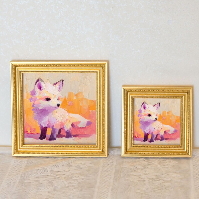 Miniature Purple Fox Oil Painting: Golden Beaded Frame, Hand-Painted Animal Art