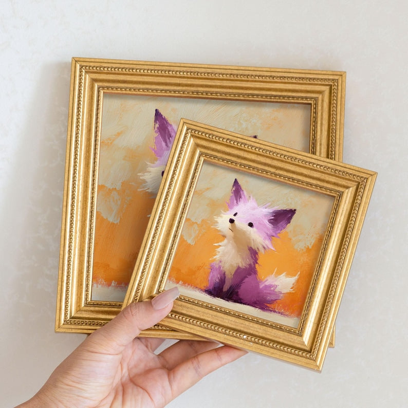 Mini Purple Fox Oil Painting: Golden Beaded Frame, Woodland Art