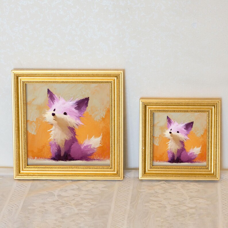 Mini Purple Fox Oil Painting: Golden Beaded Frame, Woodland Art