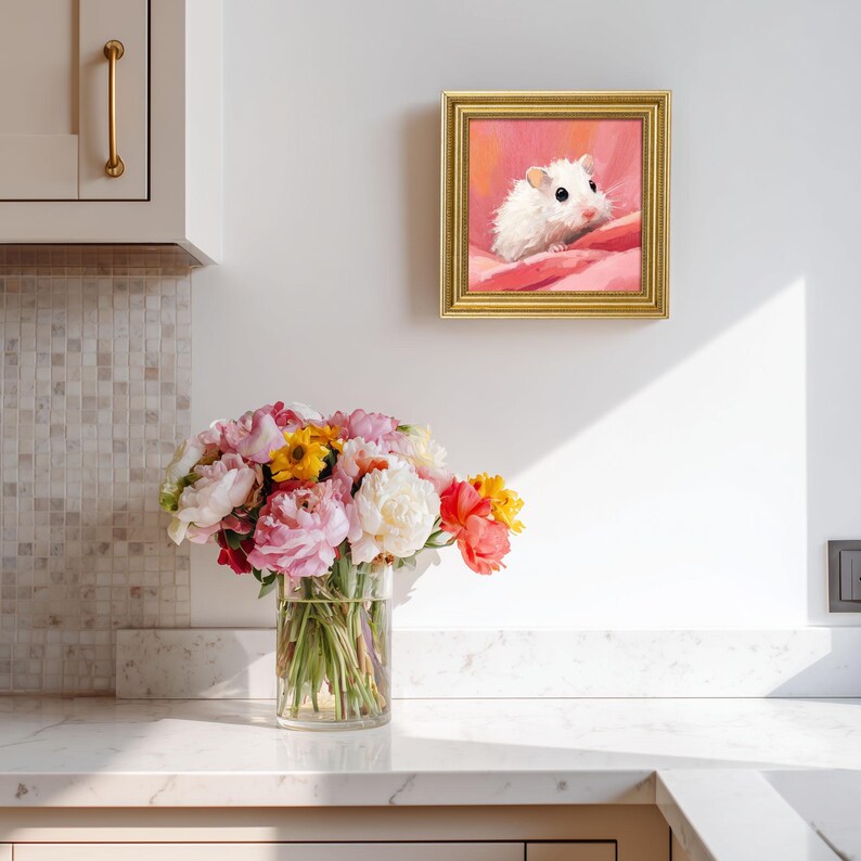 Mini Oil Painting of White Hamster, Small Golden Beaded Frame Cute Pet Wall Art Decor, Hand-Painted Animal Artwork, Gift For Hamster Lovers