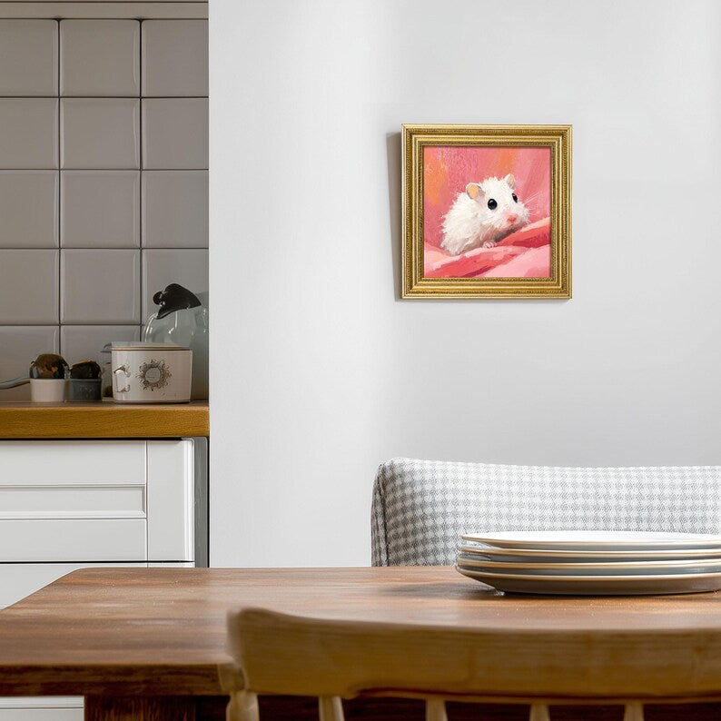 Mini Oil Painting of White Hamster, Small Golden Beaded Frame Cute Pet Wall Art Decor, Hand-Painted Animal Artwork, Gift For Hamster Lovers