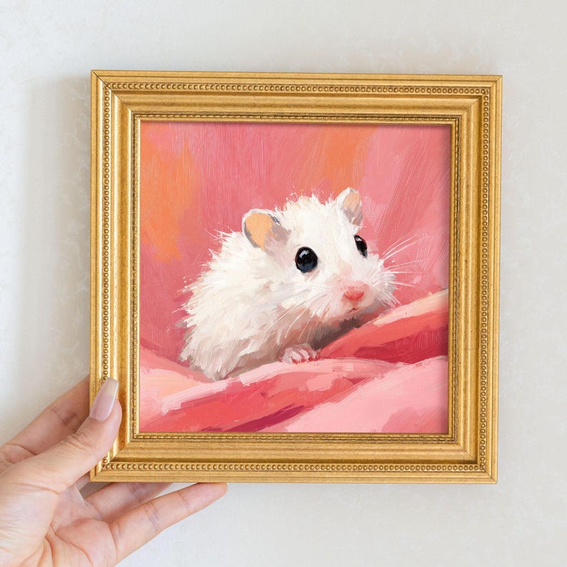 Mini Oil Painting of White Hamster, Small Golden Beaded Frame Cute Pet Wall Art Decor, Hand-Painted Animal Artwork, Gift For Hamster Lovers