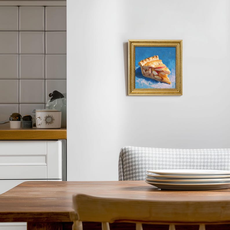 Mini Apple Pie Oil Painting: Rustic Kitchen Still Life in Gold Frame