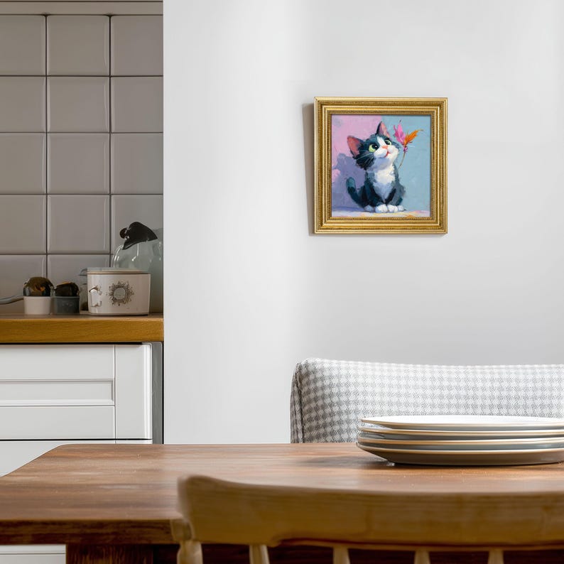 Miniature Kitty Oil Painting: Cat Portrait with Butterfly in Golden Frame