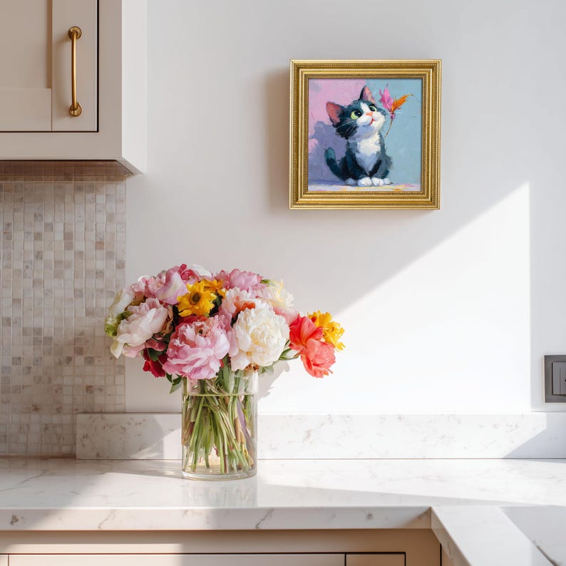 Miniature Kitty Oil Painting: Cat Portrait with Butterfly in Golden Frame