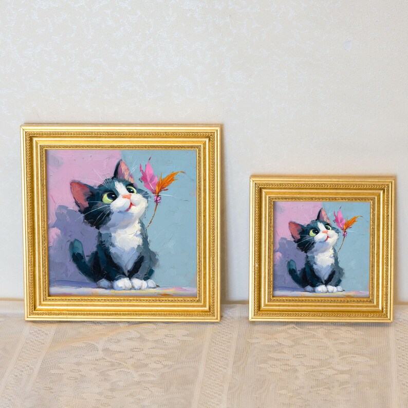 Miniature Kitty Oil Painting: Cat Portrait with Butterfly in Golden Frame