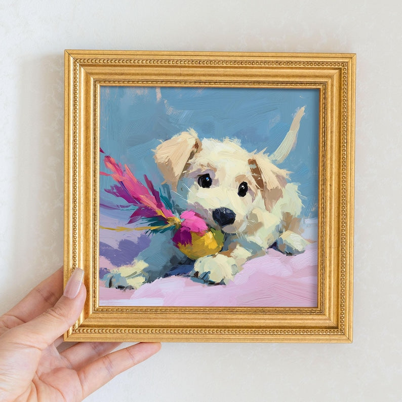 Mini Oil Painting: Dog Portrait with Toy in Golden Frame