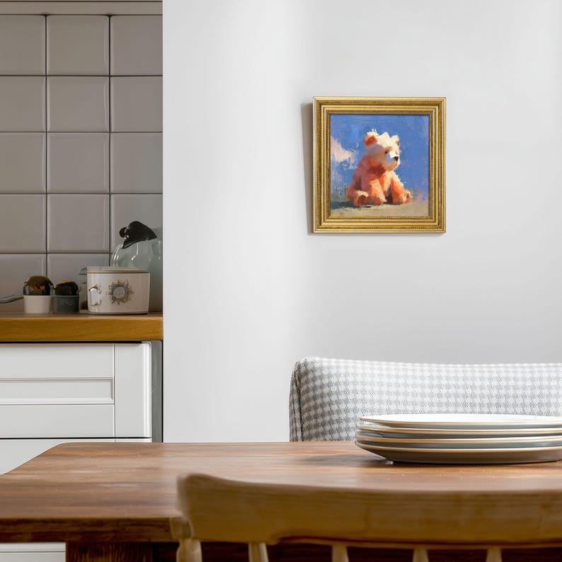 Miniature Bear Oil Painting: Golden Beaded Frame, Nursery Wall Art