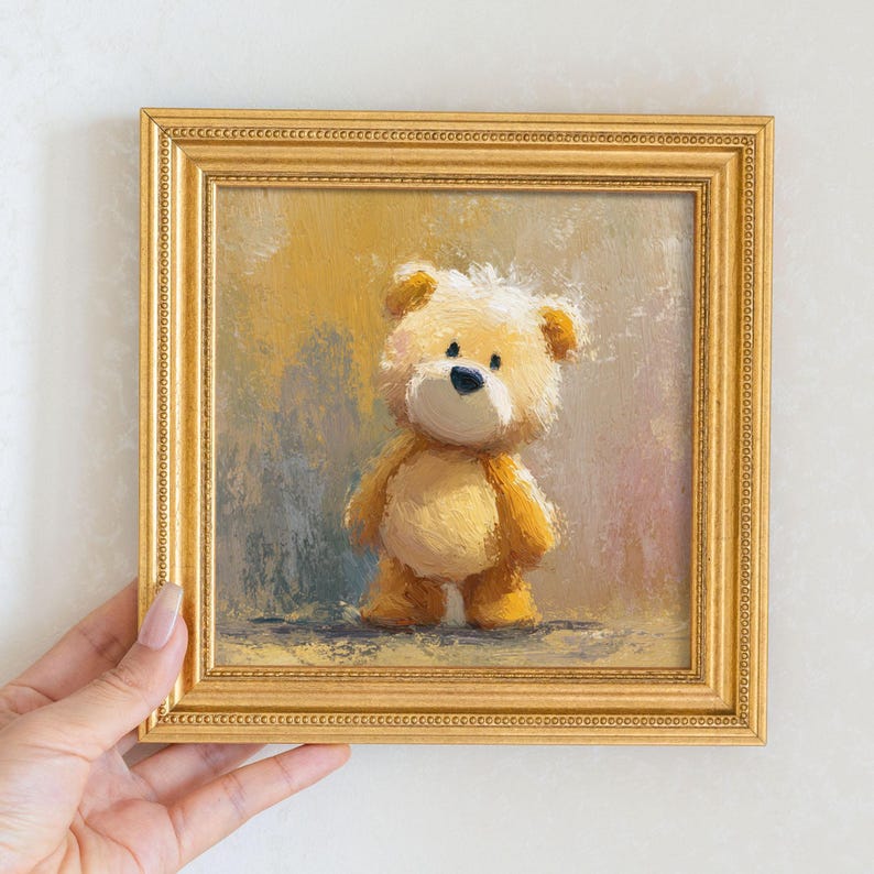 Miniature Bear Oil Painting: Golden Beaded Frame, Nursery Wall Art
