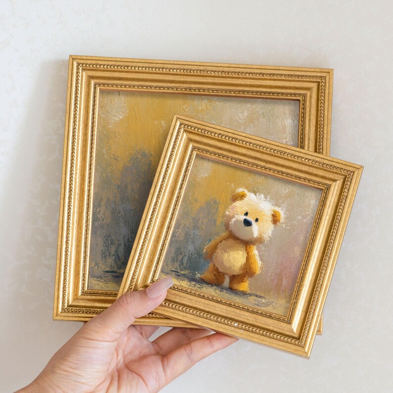 Miniature Bear Oil Painting: Golden Beaded Frame, Nursery Wall Art