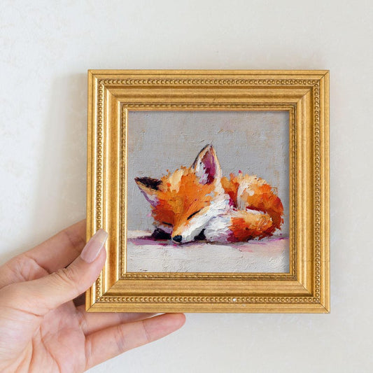 Mini Fox Oil Painting: Golden Beaded Frame, Woodland Animal Art