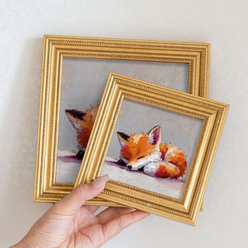 Mini Fox Oil Painting: Golden Beaded Frame, Woodland Animal Art
