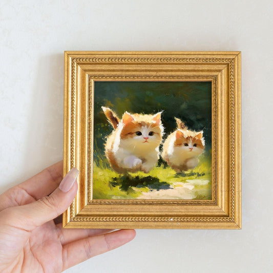 Miniature Oil Painting: Playful Cats in Golden Beaded Frame