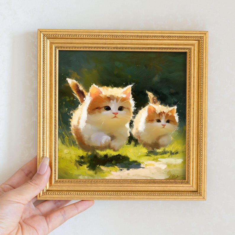 Miniature Oil Painting: Playful Cats in Golden Beaded Frame