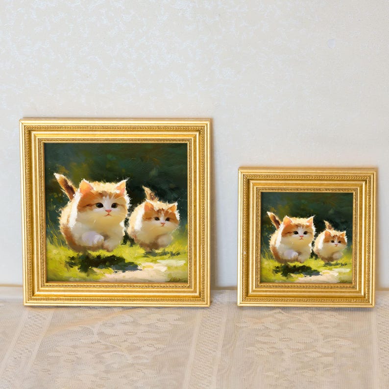 Miniature Oil Painting: Playful Cats in Golden Beaded Frame