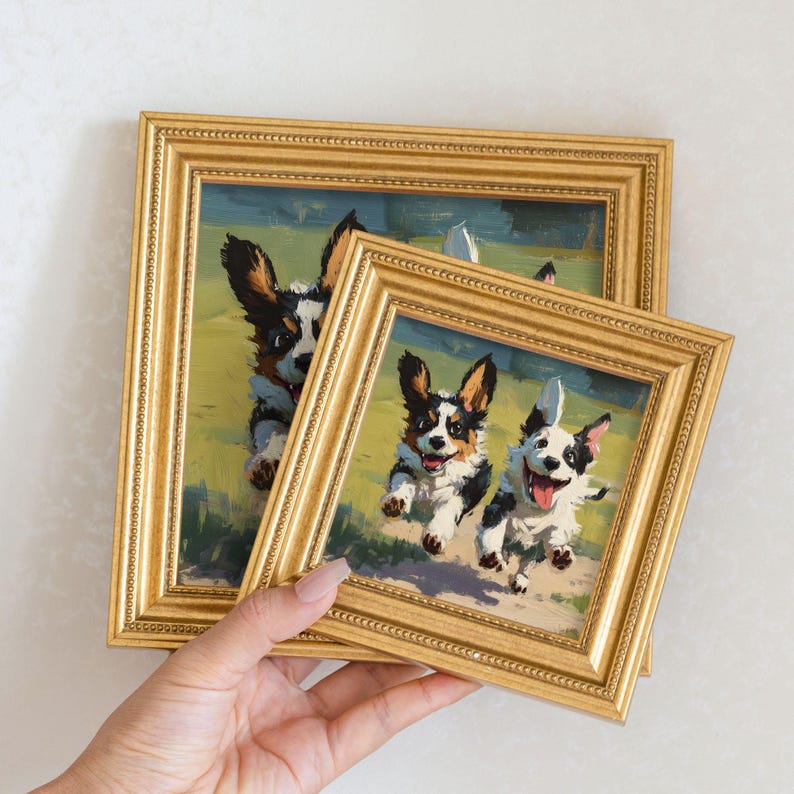 Mini Corgi Oil Painting: Playful Puppy Portrait in Golden Beaded Frame