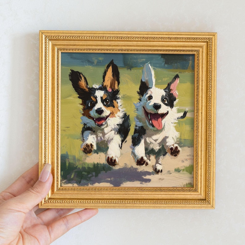 Mini Corgi Oil Painting: Playful Puppy Portrait in Golden Beaded Frame