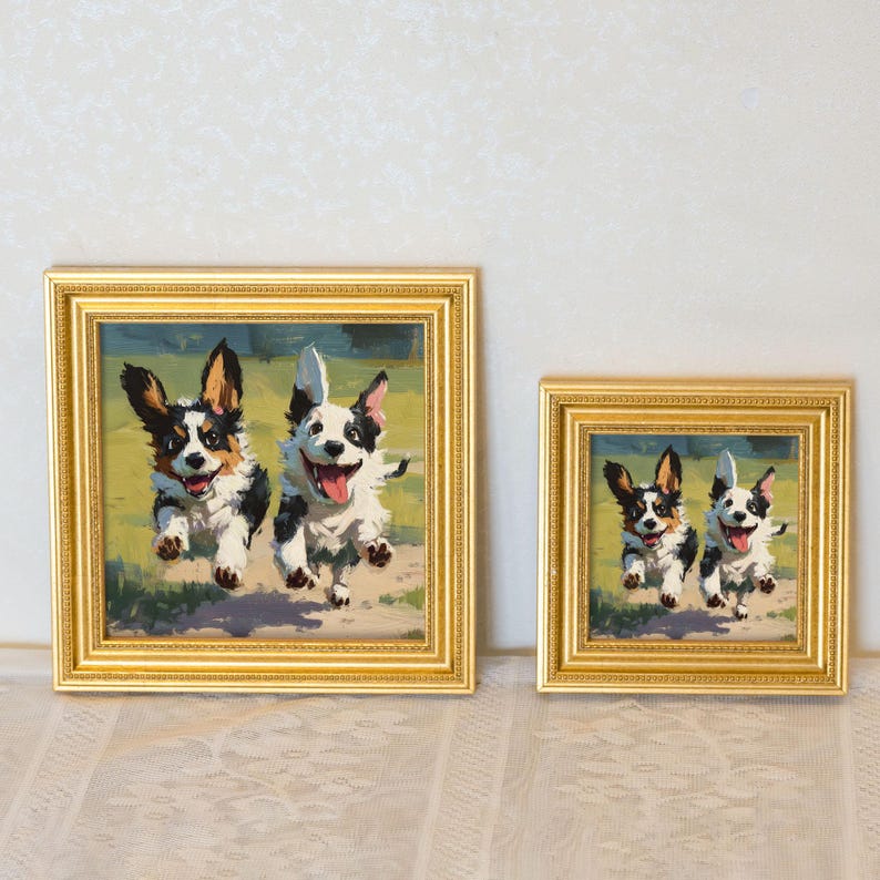 Mini Corgi Oil Painting: Playful Puppy Portrait in Golden Beaded Frame