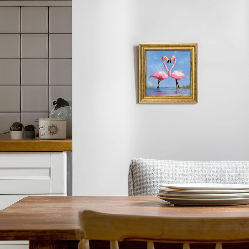 Mini Flamingo Oil Painting: Heart-Shaped Still Life in Golden Frame