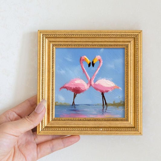 Mini Flamingo Oil Painting: Heart-Shaped Still Life in Golden Frame