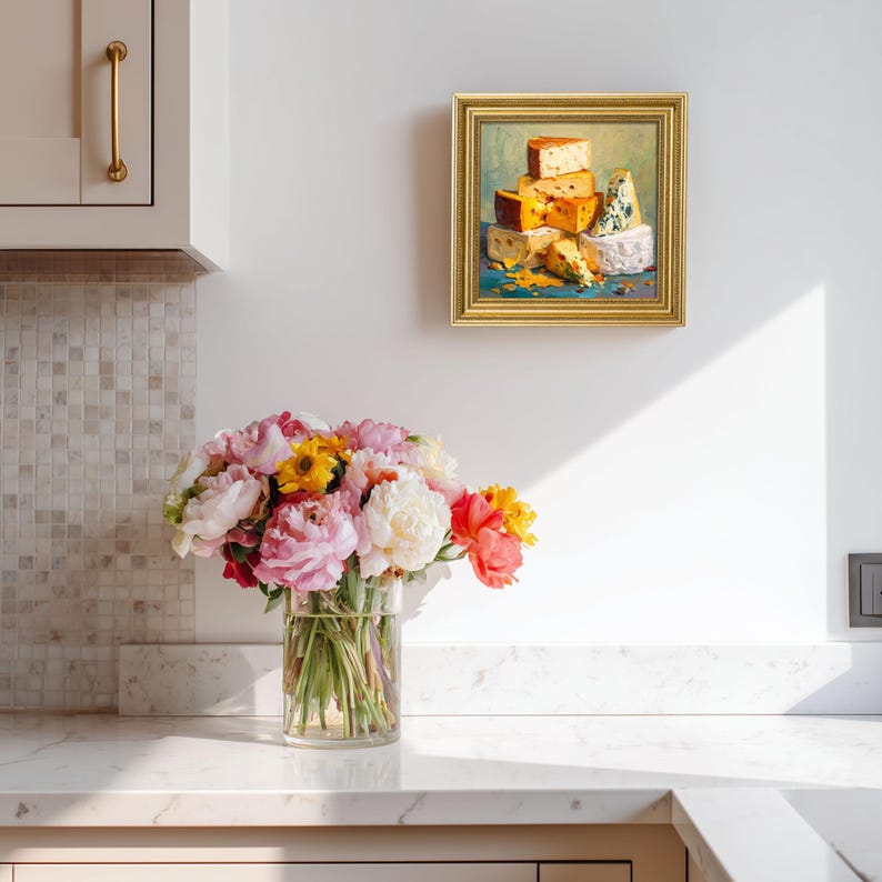 Mini Cheese Still Life Oil Painting: Rustic Kitchen Art in Golden Frame