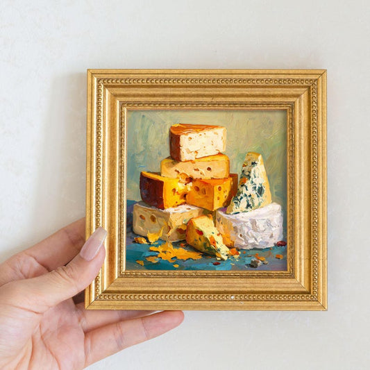 Mini Cheese Still Life Oil Painting: Rustic Kitchen Art in Golden Frame