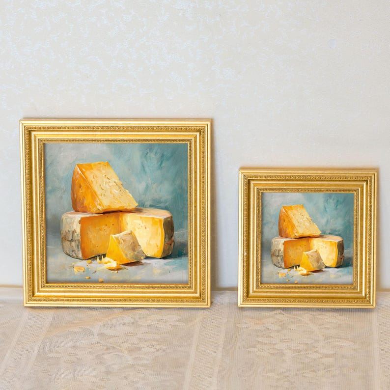 Mini Cheese Still Life Oil Painting-Rustic Kitchen Wall Art in Golden Beaded Frame-Hand-Painted Food Artwork-Home Decor Gift For Foodie