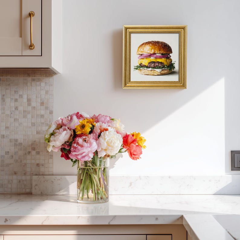 Mini Hamburger Oil Painting: Realistic Food Art in Golden Frame