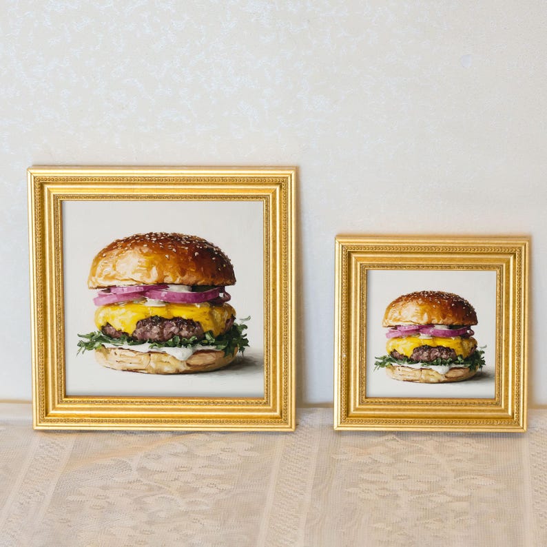 Mini Hamburger Oil Painting: Realistic Food Art in Golden Frame