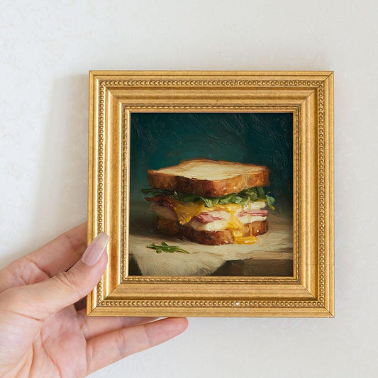 Mini Sandwich Oil Painting: Golden Frame Kitchen Still Life Art