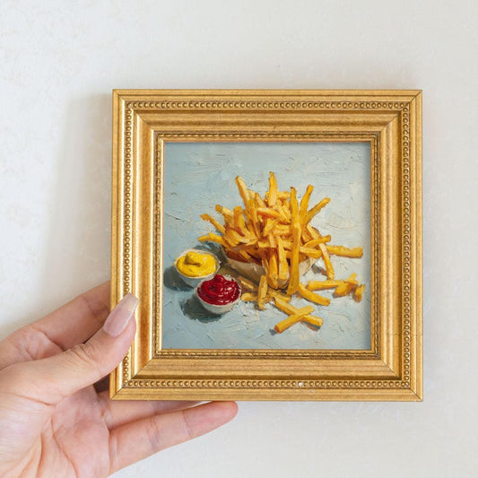Mini French Fries Oil Painting: Golden Beaded Frame, Rustic Kitchen Decor