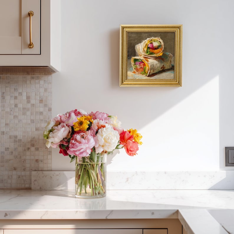 Mini Burrito Oil Painting: Rustic Kitchen Still Life in Golden Frame