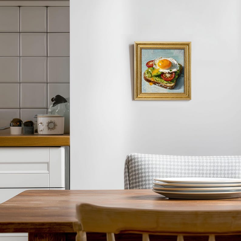Mini Avocado Toast Oil Painting: Golden Framed Kitchen Decor